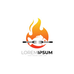 Barbecue logo, fish and Fire logo template, delicious food logo of grilled fish