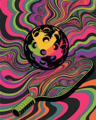 Psychedelic Pickleball Art – Vibrant Retro Abstract Pickleball Paddle and Ball with Neon Swirls and Colorful Background