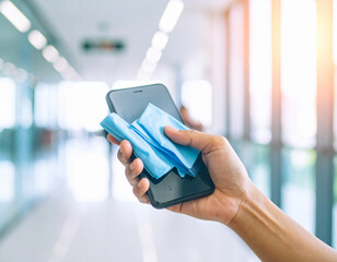 Cleaning Smartphone Screen with Blue Microfiber Cloth in Bright Interior