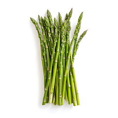 Fresh green asparagus spears arranged upright on a white background