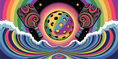 Vibrant Psychedelic Pickleball Art with Colorful Paddles, Rainbow Waves, and Surreal Retro 1960s Style Illustration