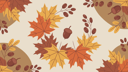 Colorful autumn leaves pile with red orange and yellow maple leaves in flat minimalist vector style isolated on light background