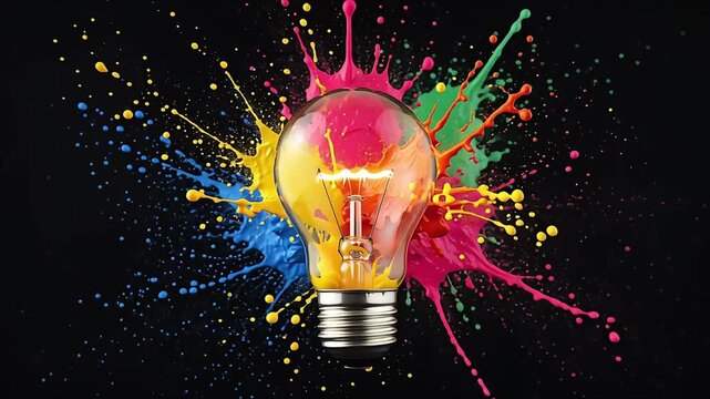 Creative concept light bulb explodes with colorful water colors on a light blue background. Think different, creative idea. Productivity and creativity