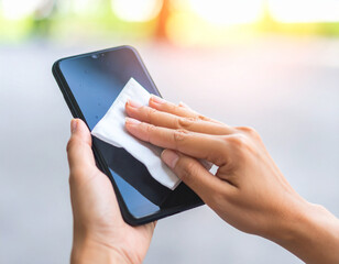 Cleaning Smartphone Screen with White Cloth for Hygiene and Maintenance.