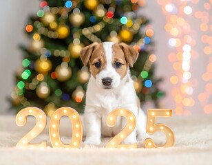 Puppy in front of Christmas lights