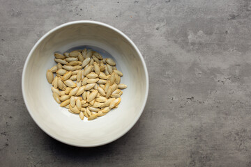 close-up of roasted pumpkin seeds in a bowl against a gray backdrop in a horizontal orientation with copy space available