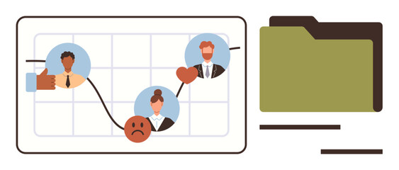 Business chart displaying team performance over time with emotional markers and a folder symbol. Ideal for data analysis, teamwork, business progress, employee feedback, workflow, motivation