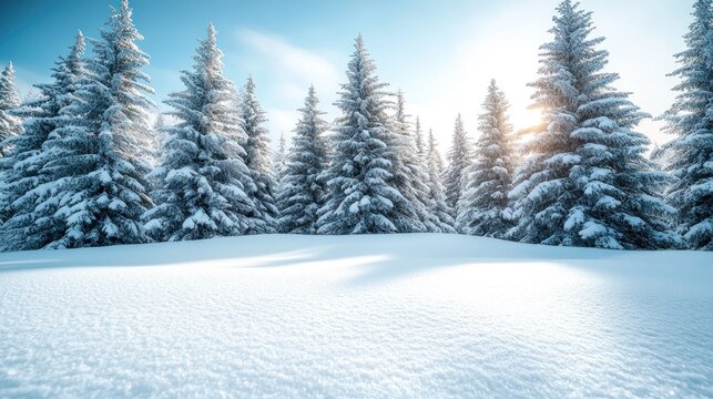 Snowy fir trees in a pristine winter landscape. Sunlight streams through the trees, casting shadows on the pristine snow-covered ground - Powered by Adobe