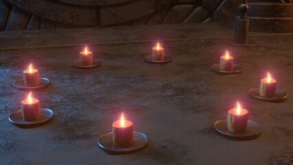 3D rendering of a gothic style fantasy chamber environment with circular window, stone walls, wet ground and set of classic candles