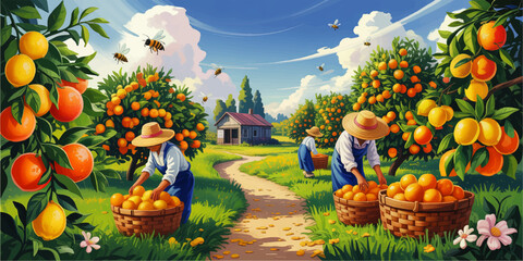 Vibrant Orange Orchard Harvest in Summer, Farmers Picking Citrus Fruits in Baskets, Countryside Landscape Illustration