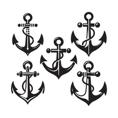 Collection of five black silhouette nautical anchors with rope details on a white background maritime