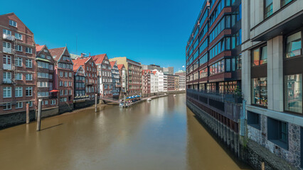 Panorama showing Kleines Dock along the northern Elbe Canal aerial timelapse in Hamburg, Germany.