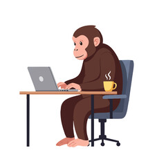 A vibrant 2D flat vector illustration features a smart monkey actively typing on a laptop at a modern office desk, enjoying a cup of coffee on a clean white background.