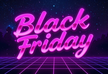 Obraz premium Black Friday in Neon Pink Cursive with Starry Grid Background Retro-Futuristic Promotional Graphic for Holiday Shopping Events Stylish Synthwave-Inspired Design with Glowing Typography 