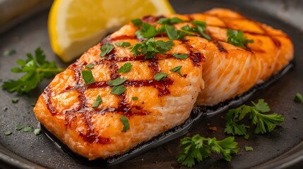 Close up of delicious grilled salmon fillet garnished with fresh herbs and served with lemon slice on dark plate, healthy seafood meal rich in protein and omega nutrients