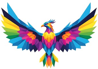 Obraz premium Majestic phoenix with vibrant multicolored wings in a modern low-poly geometric style, symbolizing immortality and renewal