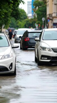 Cars in flooded street, water flowing between vehicles after heavy rainfall on city road with urban background
