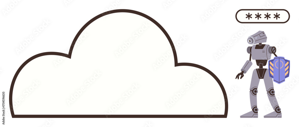 Poster cloud outline with robot holding a shield and four-character password icon. ideal for cybersecurity,