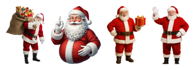 Santa Claus set including carrying a sack of toys, winking, holding a gift, and waving poses isolated. Ideal for holiday promotions and festive designs.