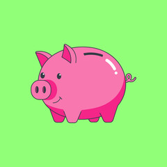 Smiling Pink Piggy Bank Vector Illustration on Bright Green Background for Savings and Financial Growth