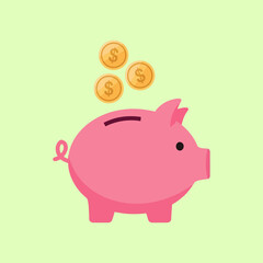Flat Design Piggy Bank with Falling Golden Dollar Coins Representing Savings and Financial Investment