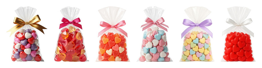 Heart candy bag set including mixed, red, pink, orange, blue, and pastel colored sweets isolated. Celebration and party favors collection. © PixeloAI