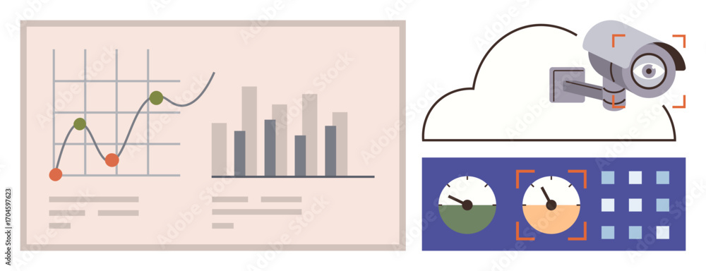 Poster graph with data trends, bar chart, cloud-connected security camera, speedometers, grid interface. id