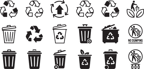 Recycling and Trash Icon Set in Black and White