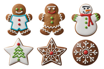 Fototapeta premium Six Assorted Christmas Decorated Cookies gingerbread snowman Cutout PNG isolated on a transparent background