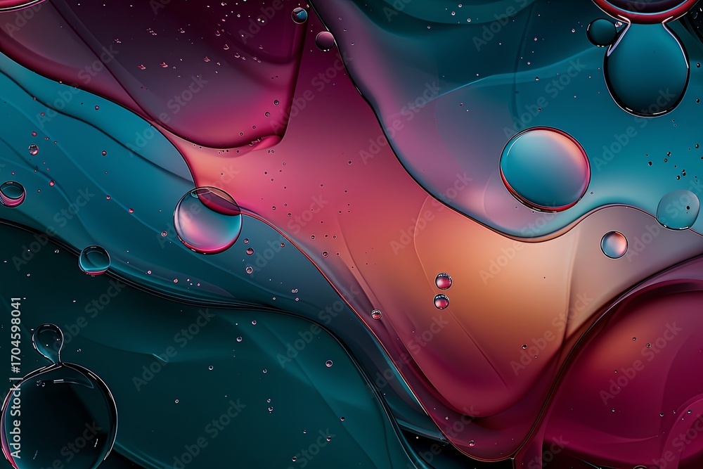 Poster close-up of vibrant liquid with multiple bubbles illuminated by artificial light. abstract patterns 