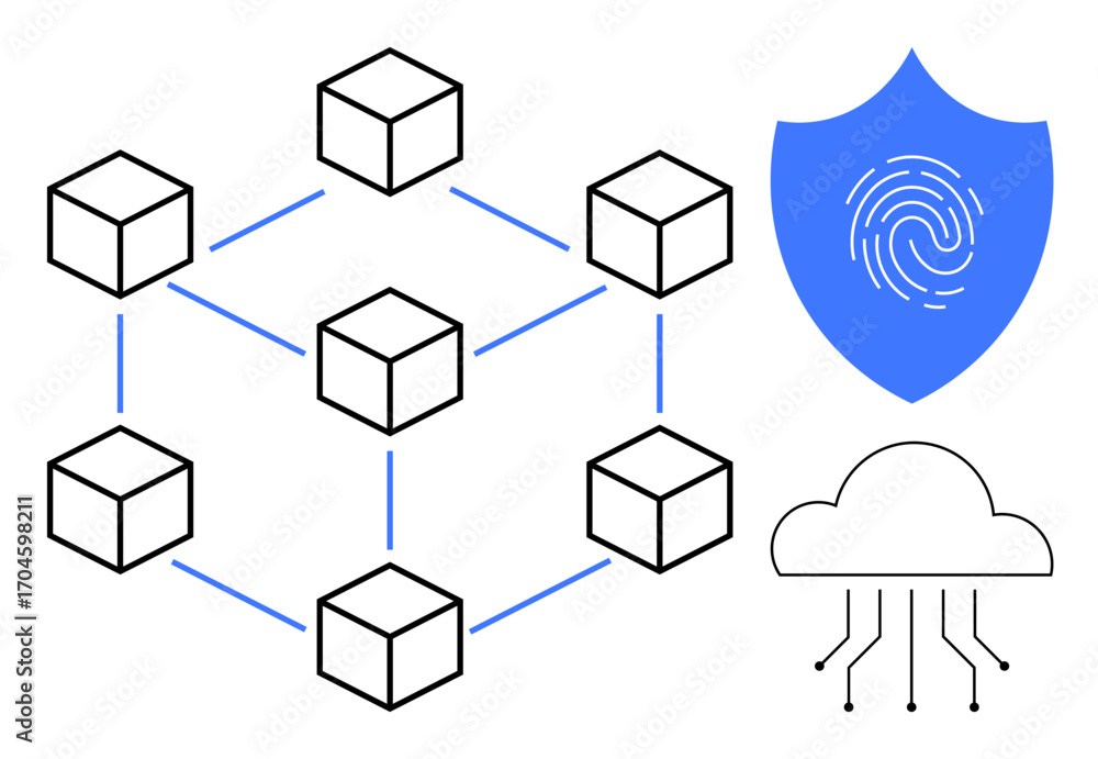 Aufkleber cubic nodes connected by lines representing blockchain, a fingerprint shield symbol for security, an