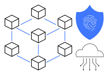 Cubic nodes connected by lines representing blockchain, a fingerprint shield symbol for security, and a cloud illustrating data connectivity. Ideal for technology, security, blockchain, cloud