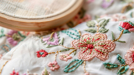 Naklejka premium Closeup of a delicate floral embroidery with a wooden hoop, showcasing intricate needlework and vibrant colors on a textured fabric background