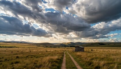 Fototapeta premium Rural Landscape with Shack and Cloudy Sky