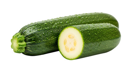Zucchini with Water Droplets and One Slice on Black Background