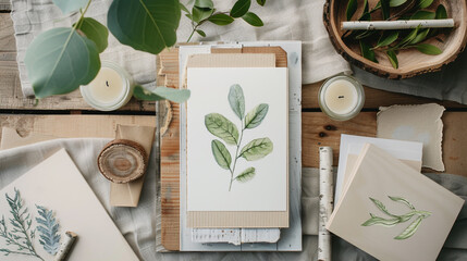 Botanical watercolor painting on rustic wooden table with eucalyptus leaves and candles creates a serene and artistic composition, perfect for stationery