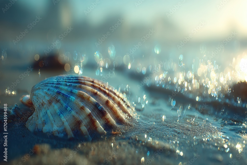 Poster a close-up view of a seashell on the beach sand, with sunlight sparkling through the shallow water, 