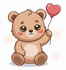 Obraz premium A charming illustration of a cute bear holding a red heart-shaped balloon, perfect for conveying love and joy in a whimsical style that appeals to all ages.