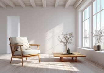 a light - filled room with a wooden chair, coffee table, and floral decor. Great for interior design, home staging, or lifestyle themes,  and lifestyle content creation.
