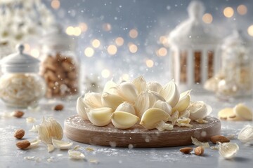 Obraz premium A beautiful display of fresh garlic cloves arranged on a rustic wooden board, showcasing their pristine white color against a softly blurred background, culinary delight.