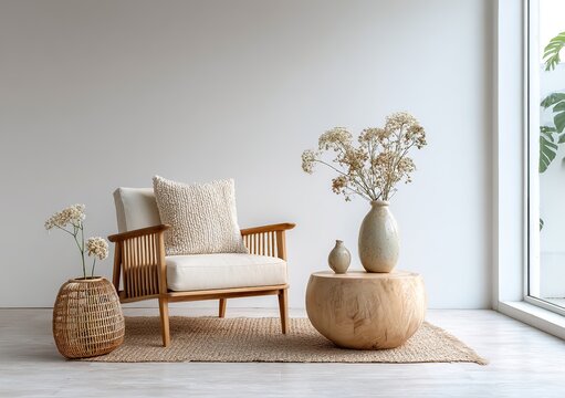 a light - filled room with a wooden chair, coffee table, and floral decor. Great for interior design, home staging, or lifestyle themes,  and lifestyle content creation.