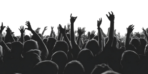 Silhouette of a cheering crowd with hands raised at a concert or event on a white background audience Cutout PNG isolated on a transparent background
