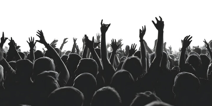 Silhouette of a cheering crowd with hands raised at a concert or event on a white background audience Cutout PNG isolated on a transparent background