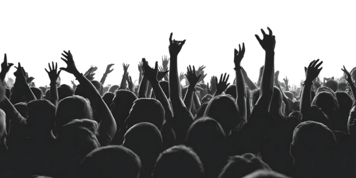 Silhouette of a cheering crowd with hands raised at a concert or event on a white background audience Cutout PNG isolated on a transparent background