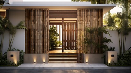 Elegant tropical home entrance with bamboo accents and lush green landscaping in a modern style