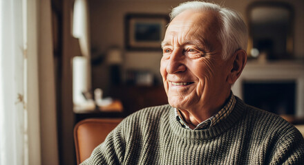 Obraz premium Authentic candid portrait of an elderly man smiling at home