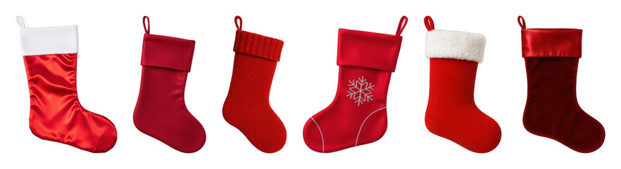 Red Christmas stocking set including satin, felt, knitted, velvet, and faux fur cuff styles isolated. Holiday decor and gift collection.