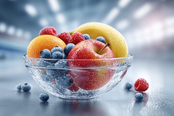 A refreshing bowl of mixed fresh fruits: apple, banana, orange, raspberries and blueberries, glistening with water droplets, promoting healthy eating and vibrant living.