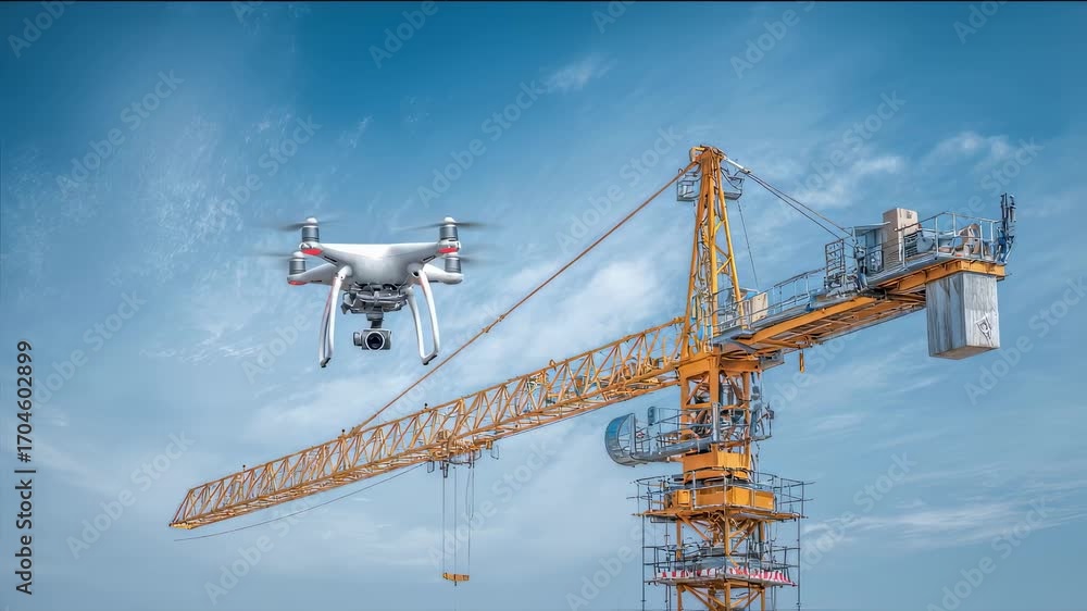 Poster focused medium shot of a tower crane jib and a drone hovering close showcasing advanced proximity se
