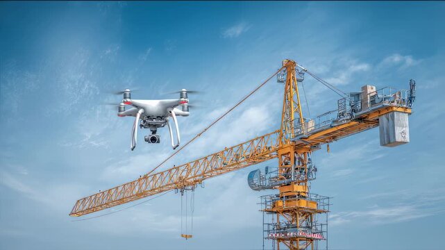 Focused medium shot of a tower crane jib and a drone hovering close showcasing advanced proximity sensors and coordinated communications for accident prevention.